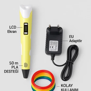 3D Yazıcı Kalemi 50 mt Filament LCD Ekranlı, Pla Destekli, Eu Fişli Eğlence ve Yaratıcı Tasarımlar