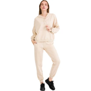 Uzun Kol 22051 Kapüşonlı ve Kanguru Cepli Krem Renk Kadın Spor Eşofman Takımı