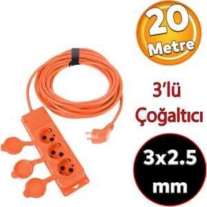 Monofaze Cca Uzatma Kablosu 3x2.5 mm Çoğaltıcı Seyyar Topraklı Kapaklı 3'lü Grup Priz Fiş 20 Metre
