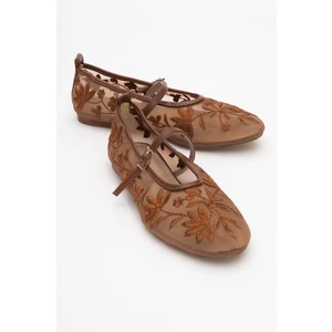 Juny Taba File Çiçek Nakışlı Kadın Babet Ayakkabı