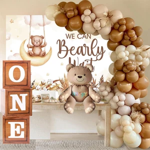 Patladı Gitti Oyuncak Ayı Temalı 1 Yaş Doğum Günü Seti; Ahşap Görünümlü One Kutu, Ayıcık Folyo ve Retro Balon Zincir Set