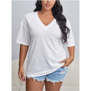 Kadın / Kız V Yaka Baskılı & Düz Beyaz Oversize T-Shirt Salaş Boyfirend