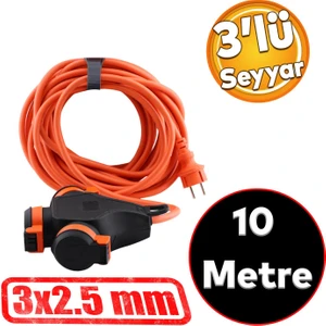 Monofaze Çoğaltıcı Seyyar Topraklı 3'lü Grup Priz Fiş 10 Metre Çoklu CCA Uzatma Kablosu 3x2.5 mm