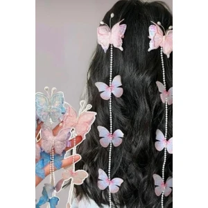 Kız Çocuk Zirkon Taşlı Incili Nakış Işlemeli Sallantılı Kelebek Model Karışık Renkli Pensli Yan Toka