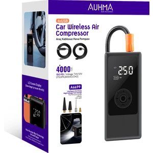 A6699 Kablosuz Dijital Araç Hava Kompresörü | 150 Psı | 4000MAH | 4 USB | LCD Ekranlı & LED Işıklı Şarjlı Şişirme Pompası