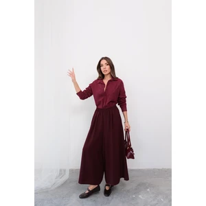 Beli Lastikli Geniş Kesim Kloş double Krep pantolon Etek 5187 - Bordo