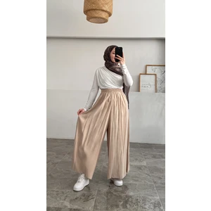 Beli Lastikli Geniş Paça Modal Etekli Pantolon 8809 - Bej