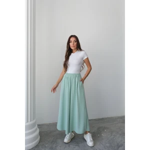 Beli Lastikli Geniş Kesim Kloş double Krep pantolon Etek 5187 - Su Yeşili