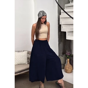 Beli Lastikli Geniş Kesim Kloş double Krep pantolon Etek 5187 - Lacivert