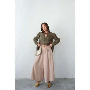 Beli Lastikli Geniş Kesim Kloş double Krep pantolon Etek 5187 - Bej