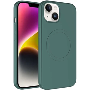 Apple iPhone 14 Plus Kılıf Magsafe Wireless Şarj Özellikli Pastel Renk Silikon Mkst Plas Kapak-Koyu Yeşil
