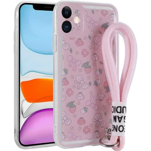 iPhone 11 Kılıf Desenli El Askılı Ipli Mkst Astana Silikon Kapak-Çilek