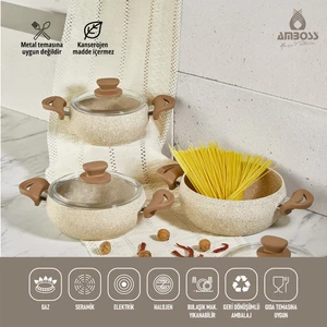 Fatso 6 Parça Güveç Granit Tencere Seti Silikon Kulplar Cappucino