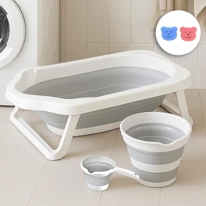 3'lü Set Katlanır Bebek Banyo Seti - Katlanabilir Bebek Küveti Su Kovası Maşrapa Seti Gri