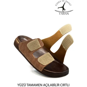 Çift Toka Ayarlanabilir Genişlik Esnek Rahat Deri Erkek Terlik 25103 C Taba