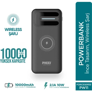Basic PW11 10000mAh 10W Kablosuz Şarj Cihazı - Wireless Powerbank - 2 USB Port - LED Gösterge - Taşınabilir Şarj Cihazı
