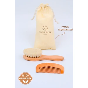 Nami Baby Organics Organik Keçi Kılı Bebek Fırçası ve Ahşap Tarak Set - Taşıma Keseli