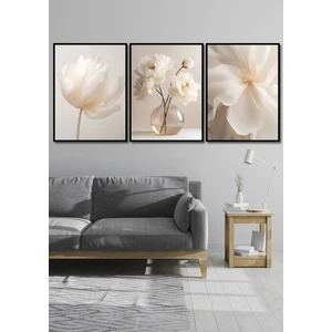 Siyah Çerçeve Görünümlü 3lü Beyaz Çiçekler Duvar Dekoru Salon Oturma Yatak Odası Için Tablo Seti