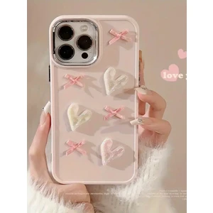 Apple iPhone 16 Pro Uyumlu Kılıf Kurdele ve Kalp Figürlü Darbeye Dayanıklı Sert Silikon Kapak