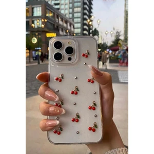 Apple iPhone 15 Pro Max Uyumlu Epoksi Kiraz Desenli Şeffaf Kılıf Simli Darbeye Karşı Dayanıklı Kapak