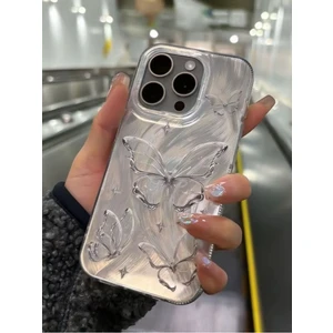 Apple iPhone 15 Pro Max Uyumlu Tüylü Kelebek Hologramlı Kılıf Darbeye Karşı Dayanıklı Kapak