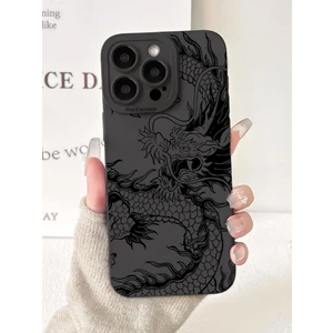 Iphone 16 Pro Max Uyumlu Kılıf Mat Siyah Ejderha Desenli Yumuşak Kamera Korumalı Kapak
