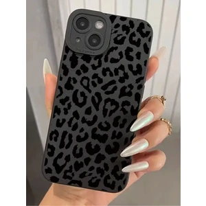 Iphone 15 Plus / 14 Plus Uyumlu Kılıf Mat Siyah Leopar Desenli Yumuşak Kamera Korumalı Kapak