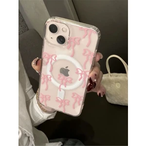 Apple Iphone 15 Uyumlu Pembe Fiyonk Desenli Magsafe Şeffaf Kılıf Darbeye Dayanıklı Kapak