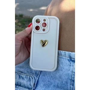 Iphone 12 Pro Max Uyumlu Kılıf 3D Gold Kalp Darbelere Dayanıklı Yumuşak Kamera Korumalı Kapak Beyaz