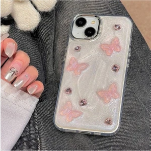 Apple iPhone 13-14 Uyumlu Pembe Kelebek Desenli Şeffaf Kılıf Simli Darbeye Karşı Dayanıklı Kapak