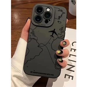 Iphone 16 Pro Uyumlu Kılıf Mat Siyah Harita Desenli Yumuşak Kamera Korumalı Kapak