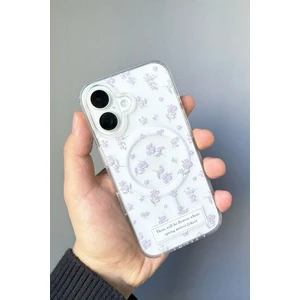 Iphone 16 Kılıf Mor Çiçek Desenli Magsafe Şeffaf Kılıf Darbeye Dayanıklı Kapak
