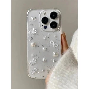 iPhone 15 Pro Uyumlu Inci Kalpli Fiyonk Şeffaf Kılıf Simli Darbeye Karşı Dayanıklı Kapak