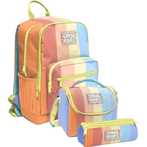 Coral High Ilkokul ve Ortaokul Okul Çanta Üçlüsü - Kız Çocuk, Turuncu Sarı Mavi Renkli Çizgili