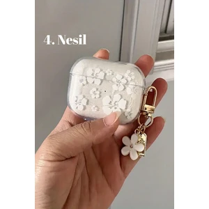 Airpods 4. Nesil Uyumlu Simli Beyaz Çiçek Desenli , Anahtarlıklı Kulaklık Kılıfı