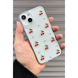 Apple iPhone 13-14 Uyumlu Epoksi Kiraz Desenli Şeffaf Kılıf Simli Darbeye Karşı Dayanıklı Kapak