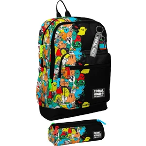 Coral High Ilkokul Erkek Çocuklarına Özel Dört Gözlü Sırt Çantası ve Kalemlik Seti- Siyah Hayaletler