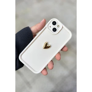 Iphone 15 Plus Uyumlu Kılıf 3D Gold Kalp Darbelere Dayanıklı Yumuşak Kamera Korumalı Kapak Beyaz