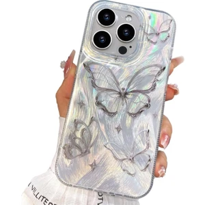 Apple iPhone 13 Pro Uyumlu Tüylü Kelebek Hologramlı Kılıf Darbeye Karşı Dayanıklı Kapak