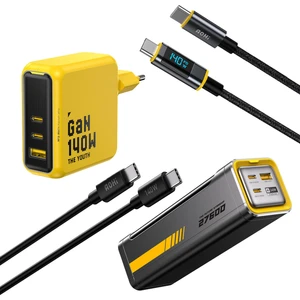 Youth 140W 3 Portlu Şarj Adaptörü, 27.600 Mah 240W Pd3.1 Powerbank, 140W LED Ekranlı Naylon Örgülü Süper Hızlı Şarj/data Kablosu Seti