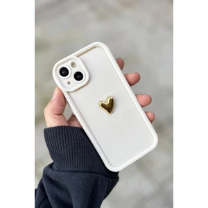 Iphone 13-14 Uyumlu Kılıf 3D Gold Kalp Darbelere Dayanıklı Yumuşak Kamera Korumalı Kapak Beyaz