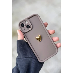 Iphone 13-14 Uyumlu Kılıf 3D Gold Kalp Darbelere Dayanıklı Yumuşak Kamera Korumalı Kapak Kahve