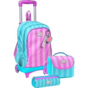 Coral High Çekçek Tekerlekli Kız Çocuk, Turkuaz Pembe Çizgili, Ilkokul Üçlü Okul Çanta Seti