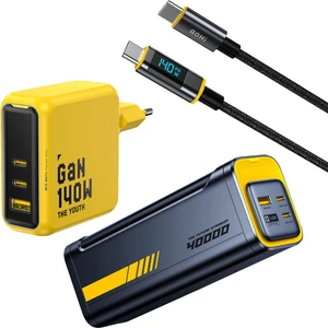 Youth 140W 3 Portlu Şarj Adaptörü, 40.000 Mah 140W Pd3.1 Powerbank, 140W LED Ekranlı Naylon Örgülü Süper Hızlı Şarj/data Kablosu Seti