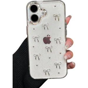 iPhone 16 Uyumlu Fiyonk Desenli Şeffaf Kılıf Simli Darbeye Karşı Dayanıklı Kapak