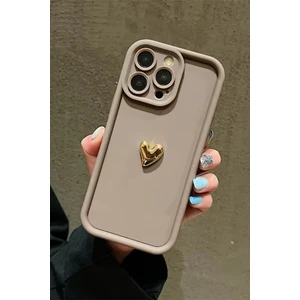 Iphone 13 Pro Uyumlu Kılıf 3D Gold Kalp Darbelere Dayanıklı Yumuşak Kamera Korumalı Kapak Kahve
