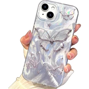 Apple iPhone 13-14 Uyumlu Tüylü Kelebek Hologramlı Kılıf Darbeye Karşı Dayanıklı Kapak