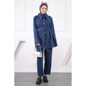 Lacivert Bel Kuşaklı Kot Ceket Pantolon Takım