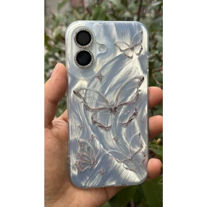 Apple iPhone 16 Uyumlu Tüylü Kelebek Hologramlı Kılıf Darbeye Karşı Dayanıklı Kapak