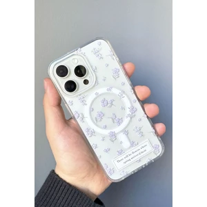 Apple Iphone 14 Pro Max Uyumlu Mor Çiçek Desenli Magsafe Şeffaf Kılıf Darbeye Dayanıklı Kapak